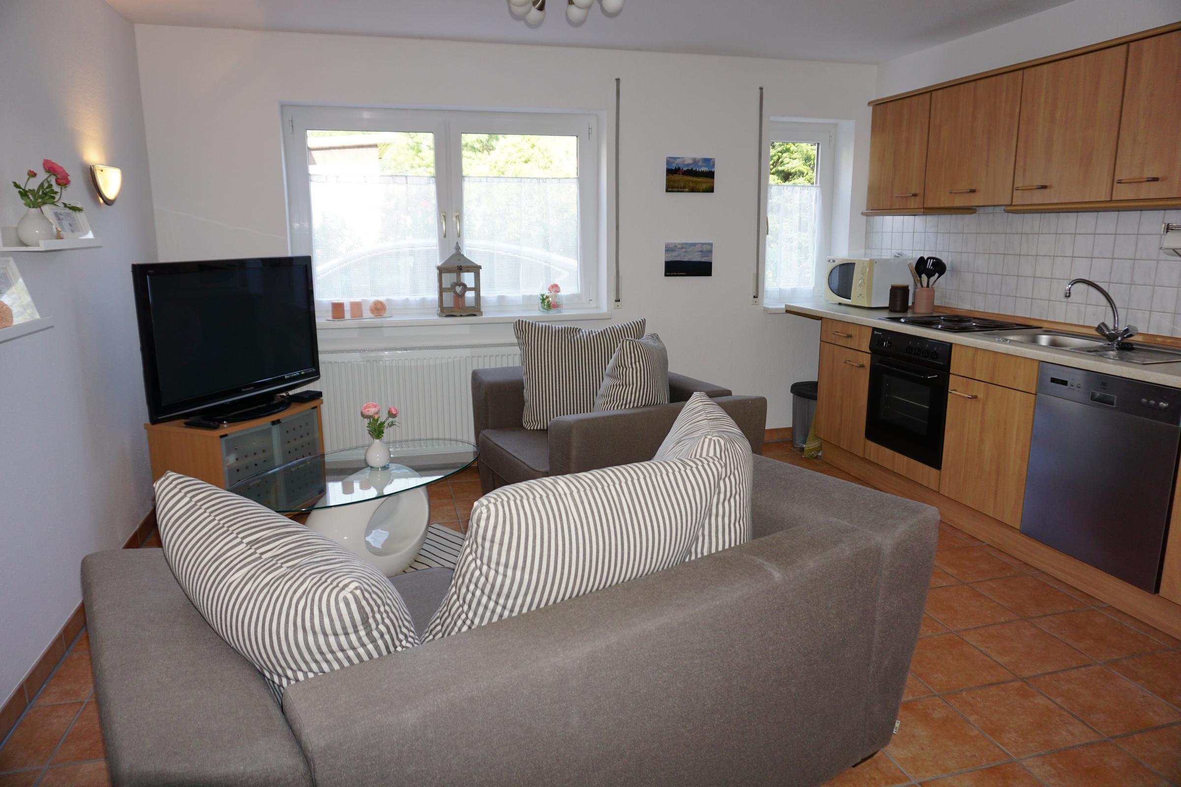 Wohnbereich und Teil der Küchenzeile mit Blick Richtung Fenster